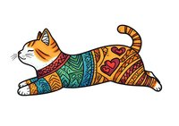 Decorative cat with intricate ethnic patterns lying down, featuring colorful ornamental designs on white background for creative projects.