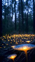 Glowing mushrooms illuminate dark forest floor at twilight, creating magical atmosphere with scattered light points and ethereal bokeh effect in mystical woodland setting.