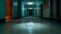 Dimly lit empty hallway with a sorry note on the floor, evoking mystery, abandonment, and emotional tension in a dramatic setting.