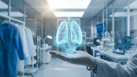 Medical professional displaying holographic lungs in modern hospital laboratory for respiratory health research and pulmonary disease diagnosis.