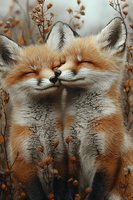 Two affectionate red foxes nuzzling among autumn wildflowers, showing tender moment between wildlife creatures in natural setting with soft bokeh background.