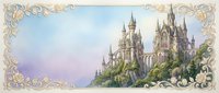 Fantasy castle on mountain peak with ornate golden border frame for fairy tale storytelling and medieval adventure themes.
