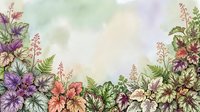 Watercolor floral border with purple, pink and coral flowers, green foliage and leaves on soft pastel background. Botanical illustration for invitations, cards and design projects.
