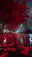 Mystical night street scene with red flower petals scattered on wet pavement, glowing street lights through fog, and crimson blooming tree creating romantic atmosphere.