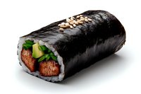 Fresh sushi roll with spicy tuna, avocado and cucumber wrapped in dark nori seaweed, garnished with sesame seeds on white background, food photography.