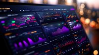 Financial trading platform with multiple colorful charts, graphs and market analysis indicators displayed on dark interface against blurred bokeh background.