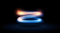 Glowing spiral light trails in orange and blue colors floating against dark background create dynamic motion effect for technology and innovation concepts.