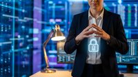 Businesswoman holding glowing digital padlock in server room, symbolizing cybersecurity, data protection, and network safety in modern technology environment.
