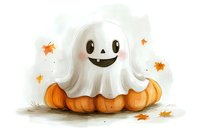 Cute cartoon ghost with smiling face sitting on orange pumpkin surrounded by autumn maple leaves on light background. Halloween festive decoration.