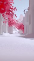 Dreamy urban street scene with pink cherry blossom trees along winding path, white buildings and street lamp creating soft romantic atmosphere. Perfect for wall art.