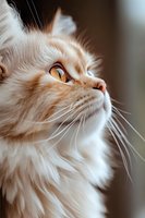 Close-up profile of cream colored Persian cat with amber eyes and long whiskers looking up, soft focus portrait showing luxurious fur and distinctive features.