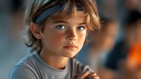 Young boy with blue eyes and tousled hair wearing gray t-shirt and headband gazes intently forward in dramatic lighting, expressing determination and focus.
