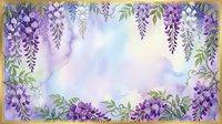 Watercolor wisteria floral frame with purple blooms and green leaves on soft lavender background, perfect for cards, invitations, and stationery.