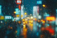 Blurred city lights and raindrops on window glass create atmospheric bokeh effect in blue and orange tones, capturing urban nightlife through wet surface.