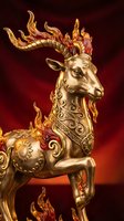 Golden ornate deer sculpture with flame antlers and decorative patterns on dark red background for luxury design projects.
