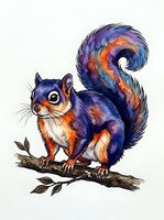 Colorful squirrel with vibrant blue, purple, and orange fur perched on a branch with leaves, isolated on white background for design and clipart use.