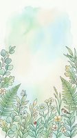 Watercolor botanical frame with wildflowers, ferns, leaves, bird, butterfly, and ladybug on soft green pastel background with copy space.