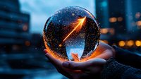Glowing crystal ball with golden arrow in palm against blurred city lights at night. Business growth, future prediction and success direction concept.