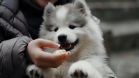 Fluffy white Samoyed puppy being hand-fed a treat, showing happy expression with tongue out. Close up portrait captures loving interaction between pet and owner.