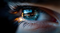 Dramatic close-up of blue human eye reflecting city lights at night, with detailed eyelashes and deep emotional expression. Artistic macro photography.