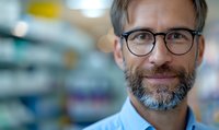 Confident mature Caucasian male professional with gray beard and glasses smiling at camera in office environment. Soft bokeh background creates welcoming atmosphere.