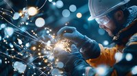 Male industrial welder in protective gear working with metal sparks flying in dark workshop. Orange and blue tones create dramatic lighting effect. Suitable for industry themes.
