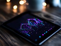 Digital tablet displaying glowing purple and blue financial charts with hexagonal elements against dark background with bokeh lights in soft focus.