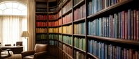 Elegant home library with floor-to-ceiling bookshelves filled with colorful books, leather armchair, and natural window light creating cozy reading atmosphere.