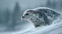 Spotted seal pup resting on snowy ice during winter snowfall in arctic habitat with water droplets and cold weather conditions for wildlife photography.