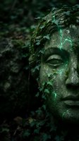Ancient stone Buddha statue covered in moss and ivy vines in mystical forest setting for meditation and spiritual themes.