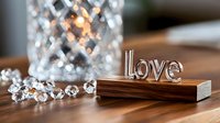 Crystal decorative object with love word sign and sparkling gems on wooden surface, suitable for wedding decor, Valentine's Day displays, and romantic home styling projects.