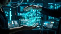 Young male professional in business attire examining glowing digital gear mechanism interface. Suitable for technology, innovation, engineering, and digital transformation concepts.