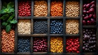 Colorful dried legumes, grains, and berries arranged in vintage wooden box compartments creating natural food pattern. Fresh herbs add organic accent.