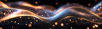 Glowing abstract waves with sparkling particles and light trails in black background create dynamic motion effect for technology and science designs.
