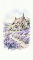 Watercolor cottage with thatched roof surrounded by purple lavender fields and stone pathway in countryside setting for home decor and wall art.
