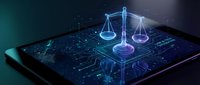 Digital scales of justice hologram glowing on tablet screen with circuit board pattern, representing law, technology, legal services, compliance, and digital transformation for business applications.