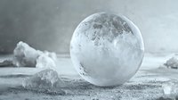 Frozen soap bubble with crystalline patterns on snowy surface in winter conditions, macro photography capturing delicate ice formations in cold environment.