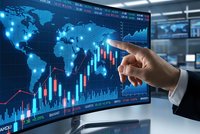 Professional businessman analyzing global financial data on interactive digital display with world map and trading charts in modern office environment.