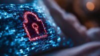 Glowing red padlock icon on digital matrix background with binary code pattern represents cybersecurity and data protection in modern technology.