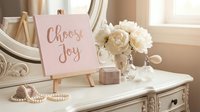 Elegant vanity table with Choose Joy sign on easel, white peonies, pearl necklace, and perfume bottle in soft pink feminine decor.