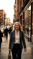 Mature Caucasian businesswoman in professional attire walking through urban downtown street with historic architecture, carrying briefcase, suitable for corporate, business, and lifestyle marketing.