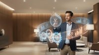 Businessman in casual attire interacting with glowing digital analytics and data visualization holograms in modern office environment for business intelligence and technology concepts.