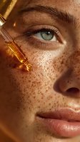 Close-up of freckled face with green eye and golden serum dropper applying facial oil. Skincare routine for natural beauty.