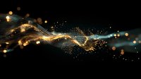 Abstract golden and blue light waves with glowing particles and bokeh effect on black background, creating magical flowing energy stream pattern.