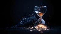 Glowing hourglass with flowing particles and magical light effect on dark background, symbolizing time management and transformation concept.