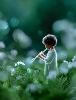 Young boy playing flute in dreamy garden setting with white flowers and soft bokeh lights, artistic fantasy composition in green tones.