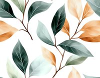Elegant botanical seamless pattern with sage green and peach leaves on white background. Delicate watercolor style foliage arrangement for fabric and wallpaper design.