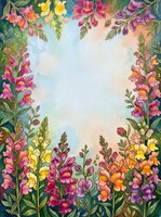 Watercolor floral frame with colorful snapdragons in pink, yellow, orange, and purple, surrounding a soft pastel sky center copy space.