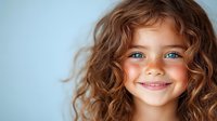Young Caucasian girl with bright blue eyes, freckles, and curly brown hair smiling warmly against light blue background. Natural childhood portrait showing joy and innocence.