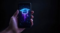 Glowing graduation cap hologram on smartphone screen with sparkles and particles against dark background, symbolizing digital education and e-learning technology.